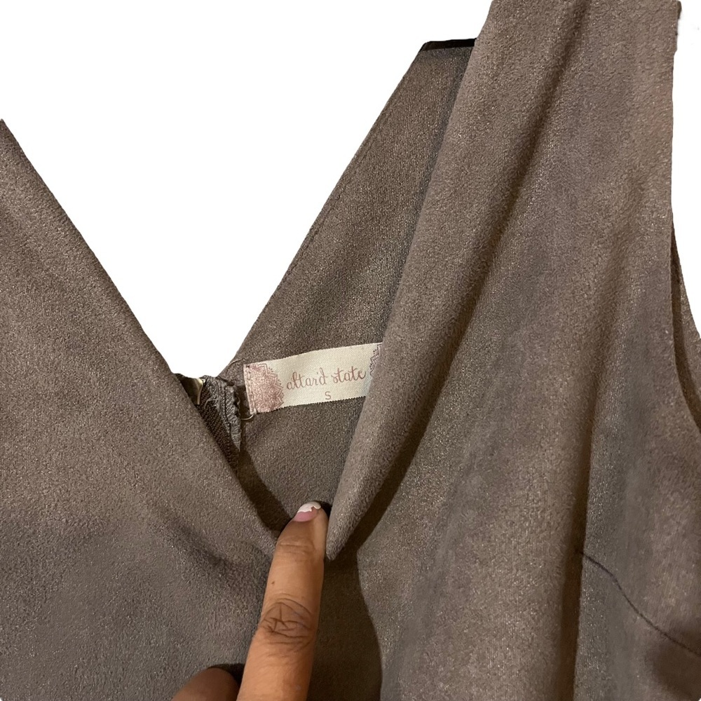 Altar'd State Faux Suede Taupe Dress Applique Crotchet Details One Ruffle Sz S - Picture 2 of 3